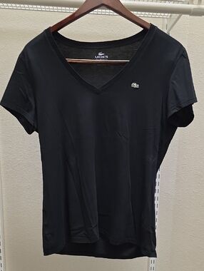 Lacoste Black V-Neck Short Sleeve Tee with Crocodile Logo